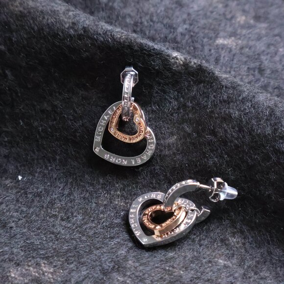 Michael Kors Interlocking Silver Rose Gold Heart Earrings - Picture 2 of 2